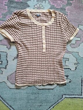 American Eagle Outfitters Cream and Brown Striped Button-Front Sweater